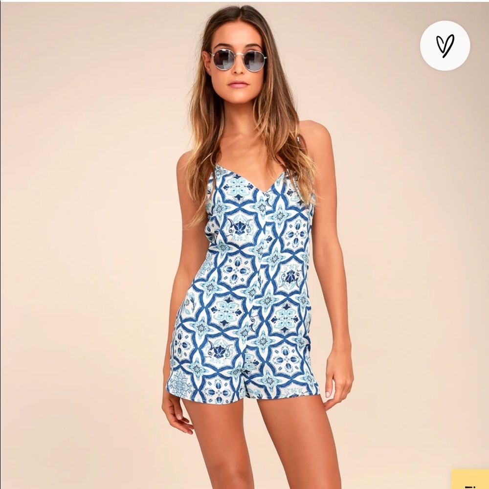 Lulus Watercolor Blue Print Romper - Medium